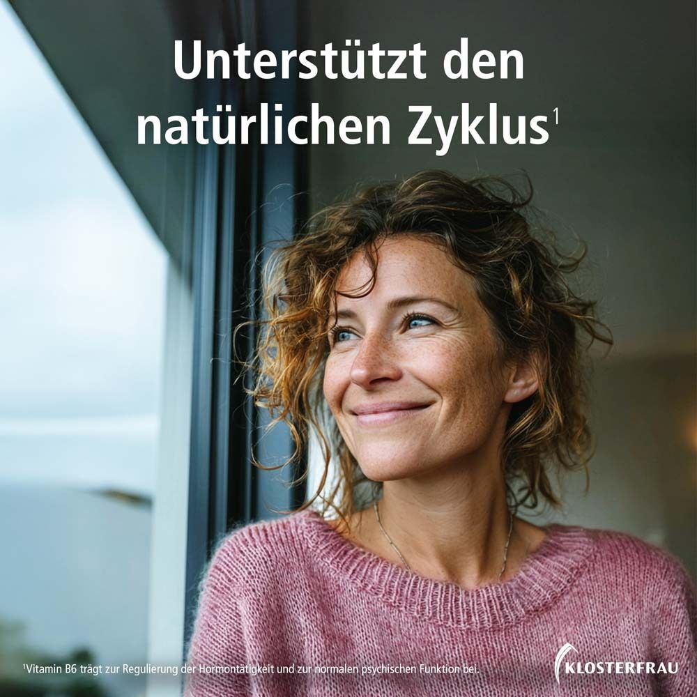 Frau lächelt. Text: Unterstützt den natürlichen Zyklus. Marke KLOSTERFRAU.