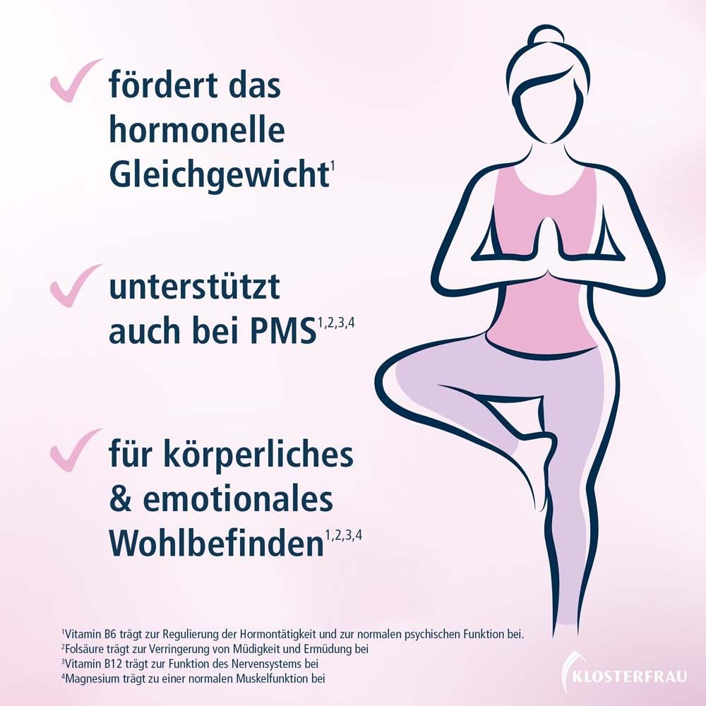 Grafik einer Frau in Yoga-Pose. Text: Fördert hormonelles Gleichgewicht, unterstützt bei PMS, für körperliches & emotionales Wohlbefinden.