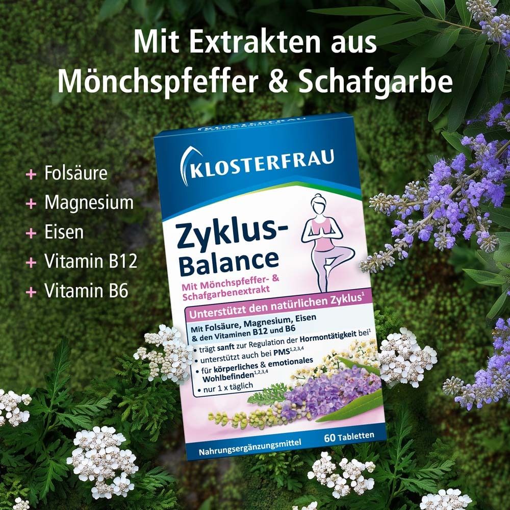 KLOSTERFRAU Zyklus-Balance Packung. Text: Mit Extrakten aus Mönchspfeffer & Schafgarbe. Enthält Folsäure, Magnesium, Eisen, Vitamin B12 & B6.
