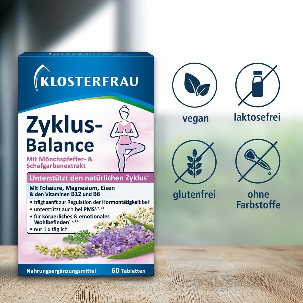 KLOSTERFRAU Zyklus-Balance Packung. Vegan, laktosefrei, glutenfrei, ohne Farbstoffe. 60 Tabletten.