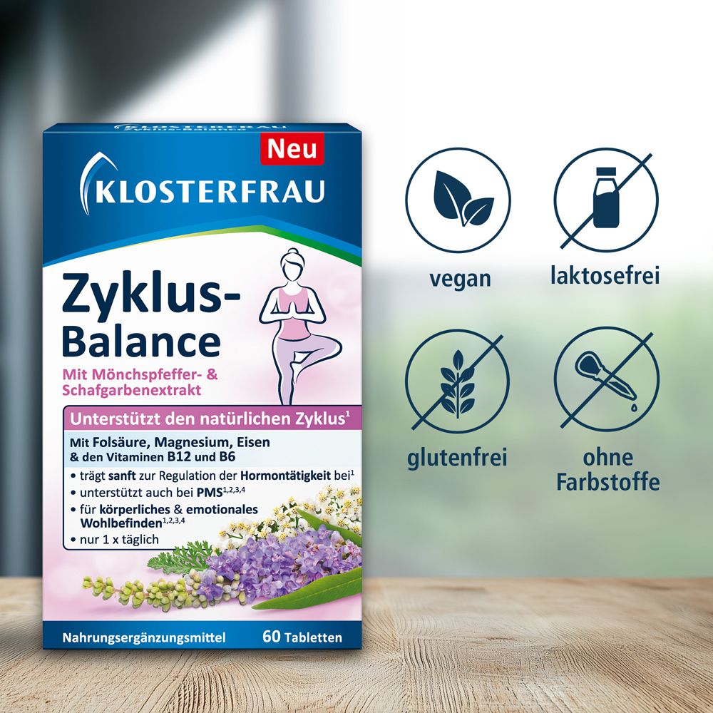 KLOSTERFRAU Zyklus-Balance Packung. Vegan, laktosefrei, glutenfrei, ohne Farbstoffe. 60 Tabletten. Nahrungsergänzungsmittel.