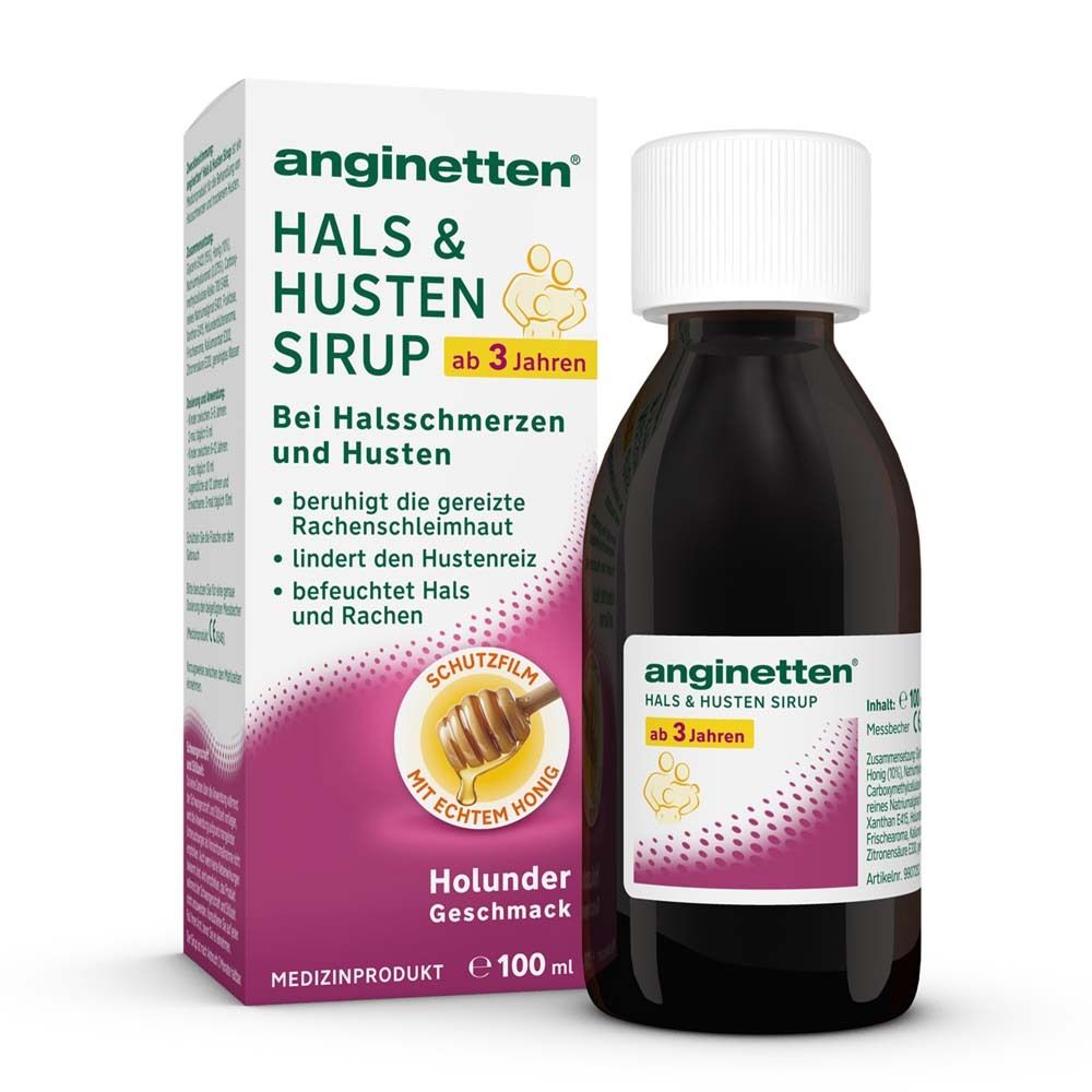 Anginetten Hals & Husten Sirup Flasche und Verpackung. Flasche mit weißem Deckel, Verpackung mit Produktnamen und Logo.