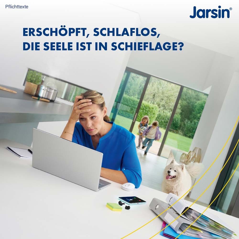 Frau am Laptop, besorgt. Text: Erschöpft, schlaflos, die Seele ist in Schieflage?