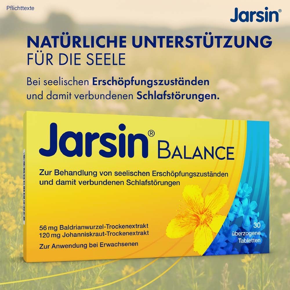 Gelbe Schachtel Jarsin® Balance. Text: Natürliche Unterstützung für die Seele.