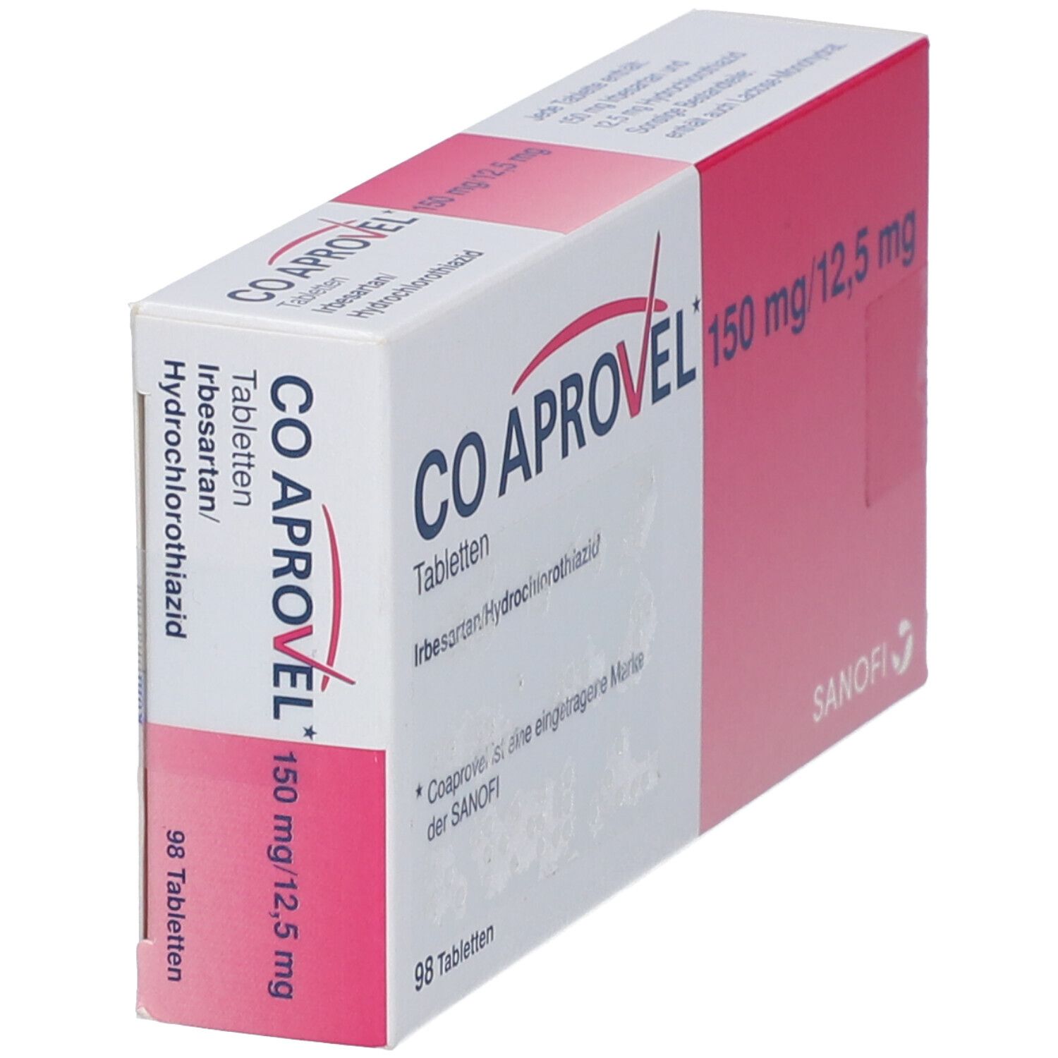 Schachtel CO APROVEL Tabletten. Aufschrift: 150 mg/12,5 mg. Marke SANOFI. Enthält 98 Tabletten. Ansicht schräg.