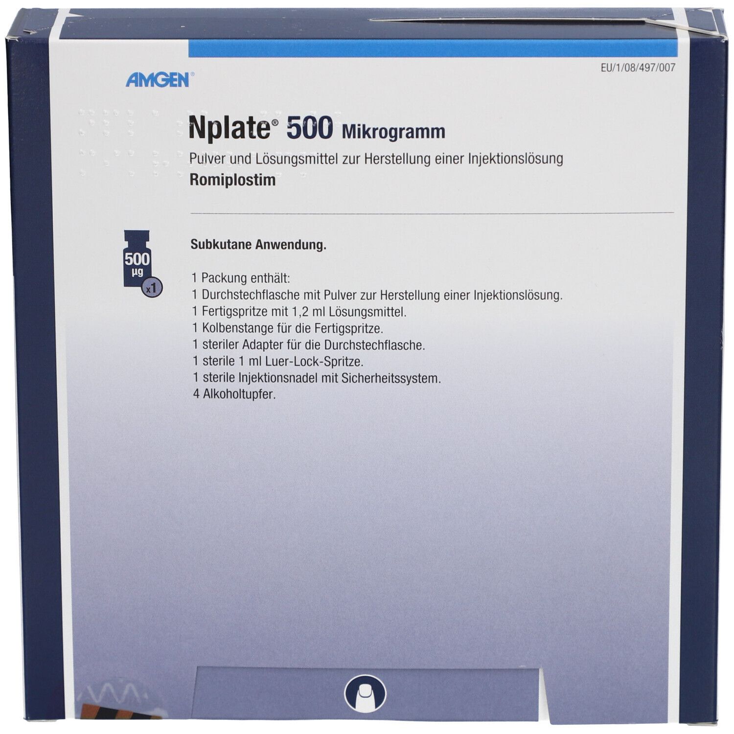 Schachtel mit Nplate® 500 Mikrogramm. Enthält Durchstechflasche, Fertigspritze, Kolbenstange, Adapter, Spritze und Alkoholtupfer.