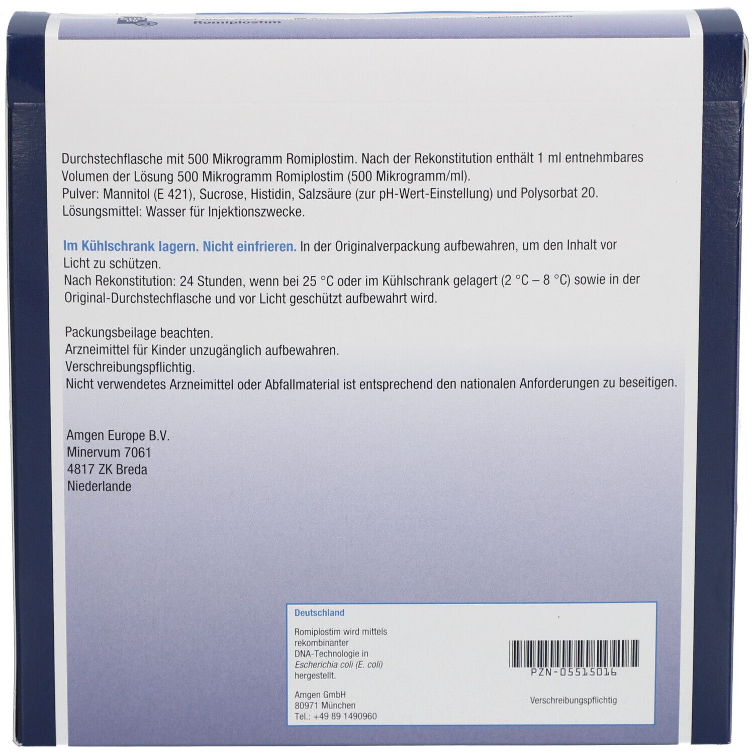 Rückseite der Nplate® 500 Mikrogramm-Schachtel. Enthält Informationen zu Inhaltsstoffen, Lagerung und Hersteller.