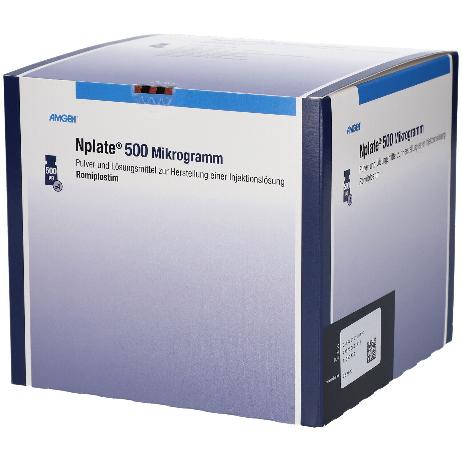 Nplate 500 Mikrogramm Verpackung mit Amgen Logo und Produktinformationen.