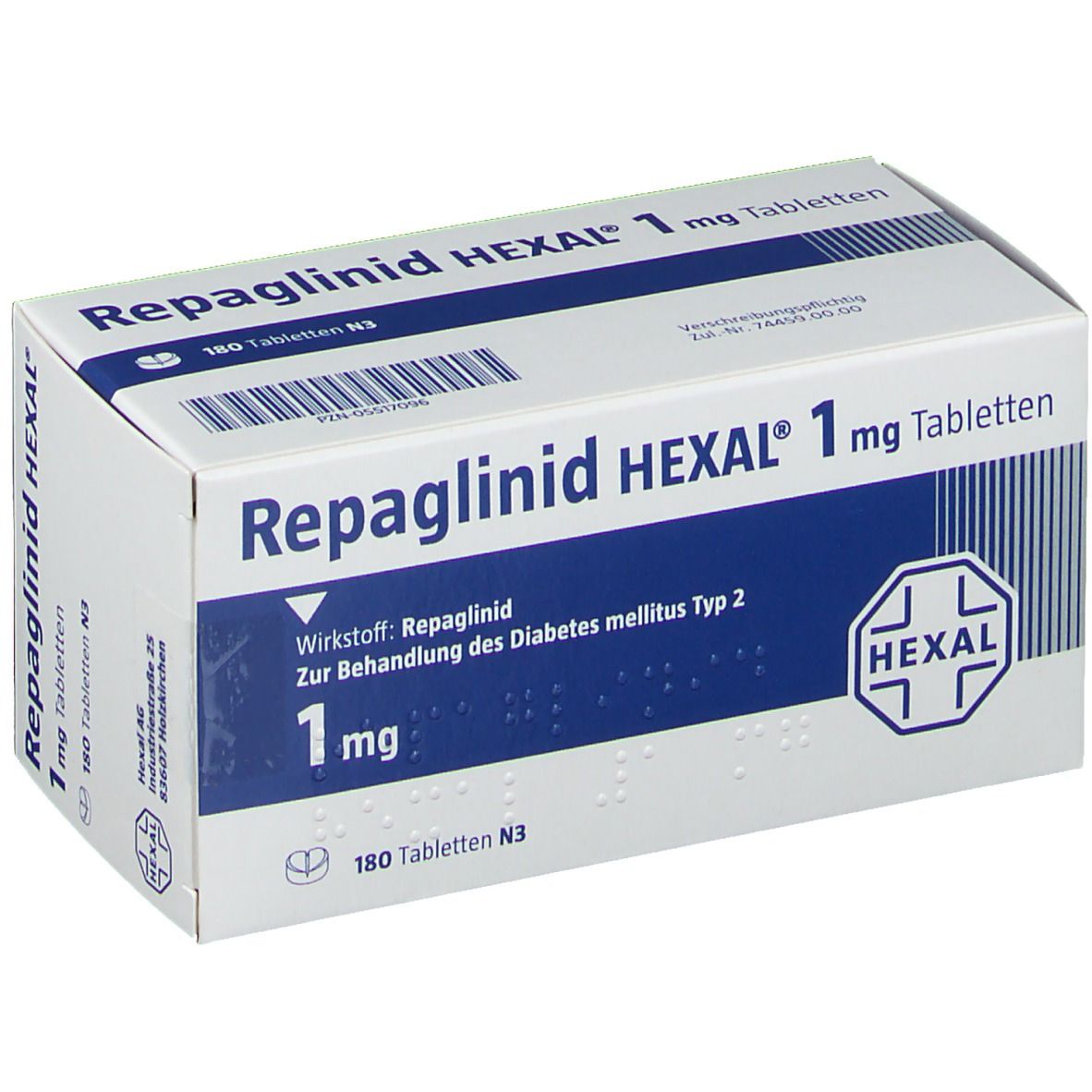Repaglinid HEXAL 1 mg Tabletten-Packung. Weiße Schachtel mit blauer Schrift. HEXAL-Logo.