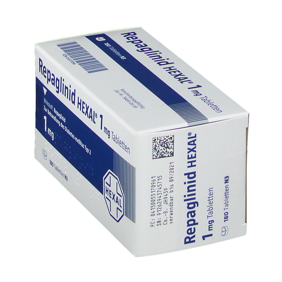 Repaglinid HEXAL 1 mg Tabletten-Packung. Weiße Schachtel mit blauer Schrift. HEXAL-Logo und QR-Code.