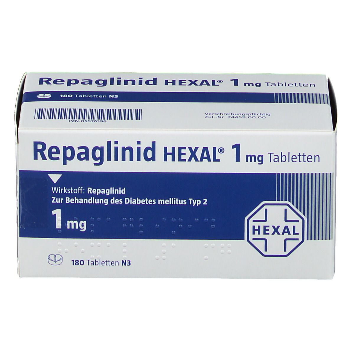 Repaglinid HEXAL 1 mg Tabletten-Packung. Weiße Schachtel mit blauer Schrift. HEXAL-Logo.