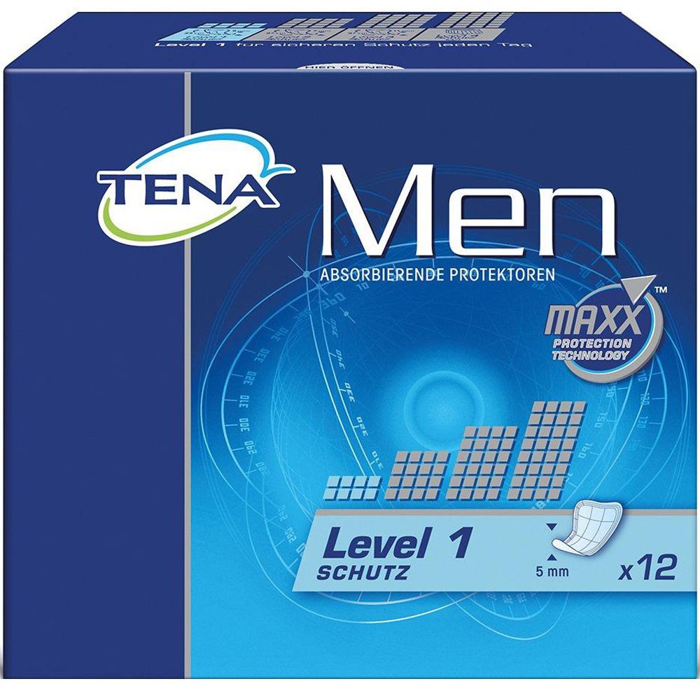 Blau-weiße Produktverpackung. TENA Men, Level 1. Absorptionsschutz. 12 Stück. Maxx Protection Technology. 5 mm.