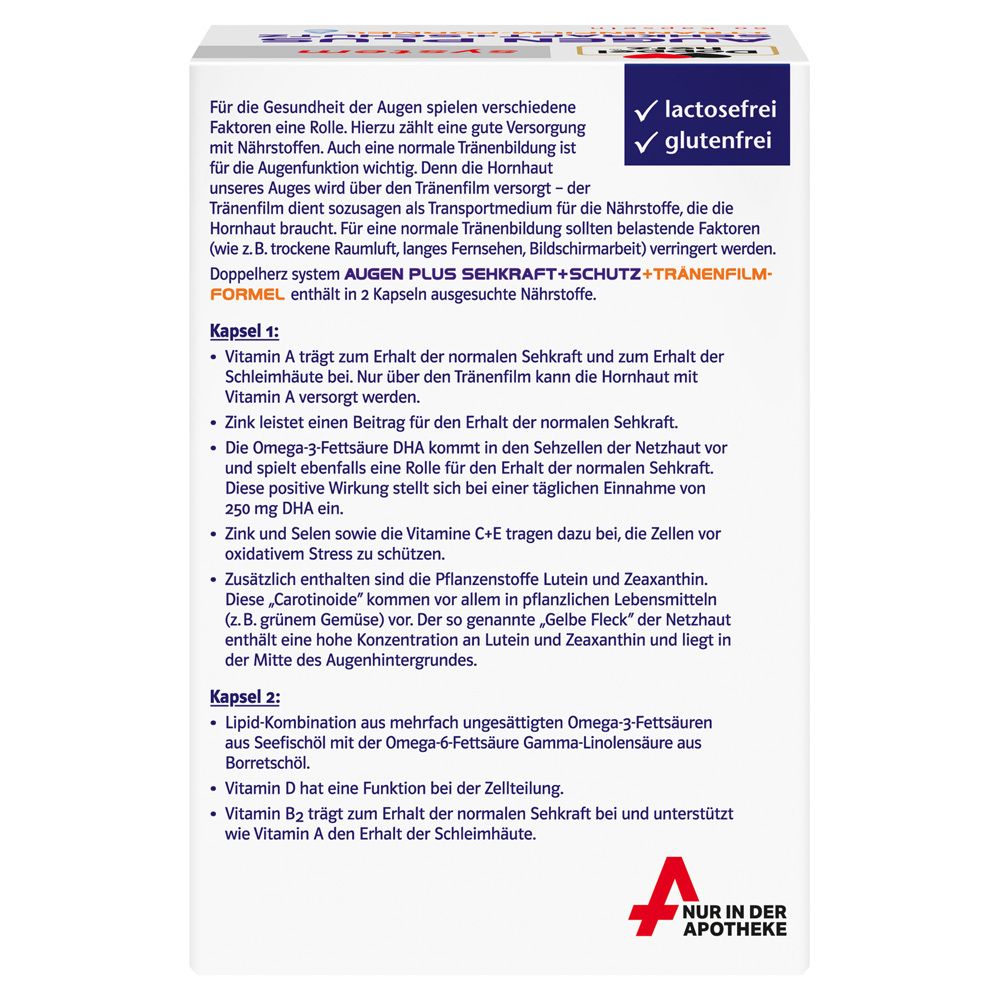 Rückseite der Doppelherz® system AUGEN PLUS Packung. Informationen zu Inhaltsstoffen und Nährwerten. Laktosefrei und glutenfrei.