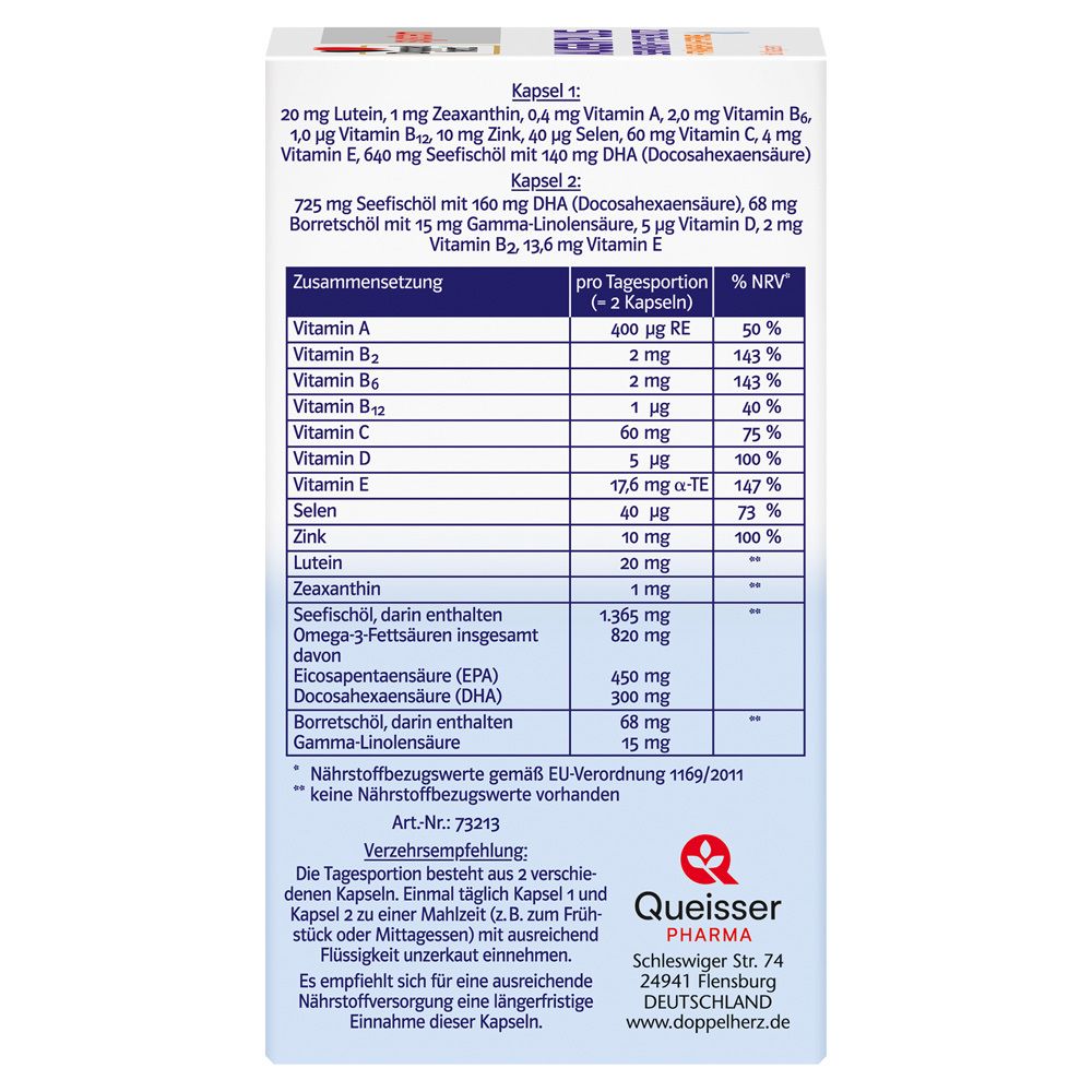 Seite der Doppelherz® system AUGEN PLUS Packung. Auflistung der Inhaltsstoffe und Nährwerttabelle. Queisser Pharma.