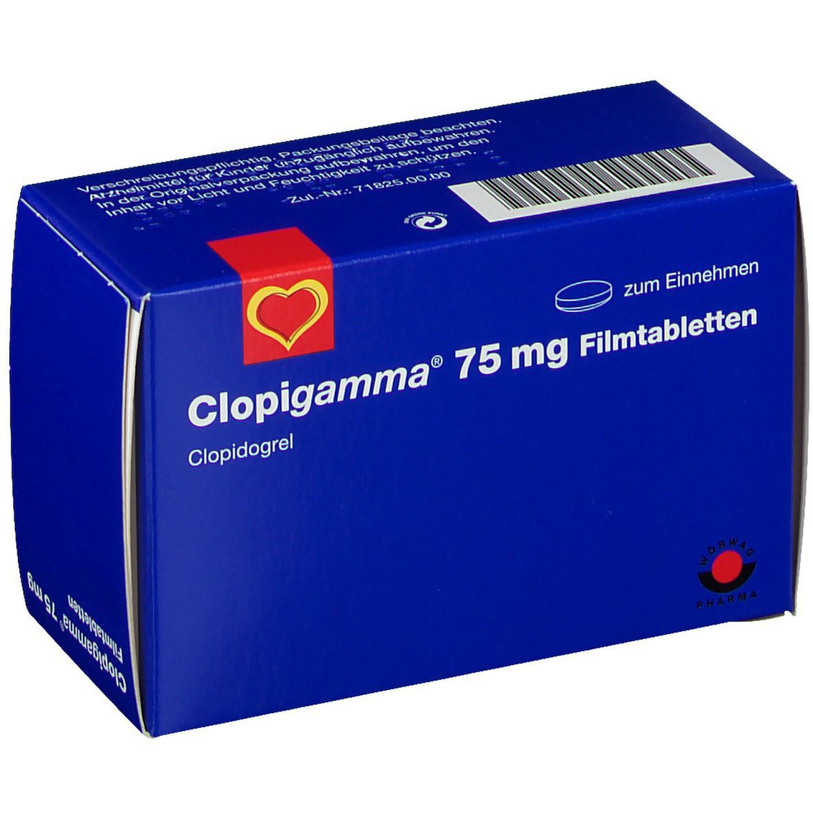 Blau-weiße Schachtel mit "Clopigamma 75 mg Filmtabletten"-Aufdruck. Rotes Herz-Logo. Barcode oben.