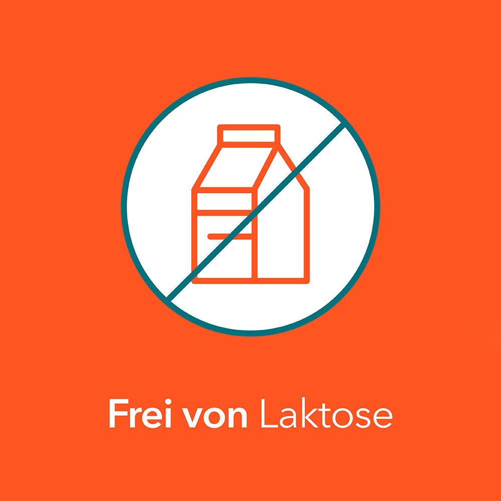 Symbol: Milchpackung mit durchgestrichenem Kreis. Text: Frei von Laktose.