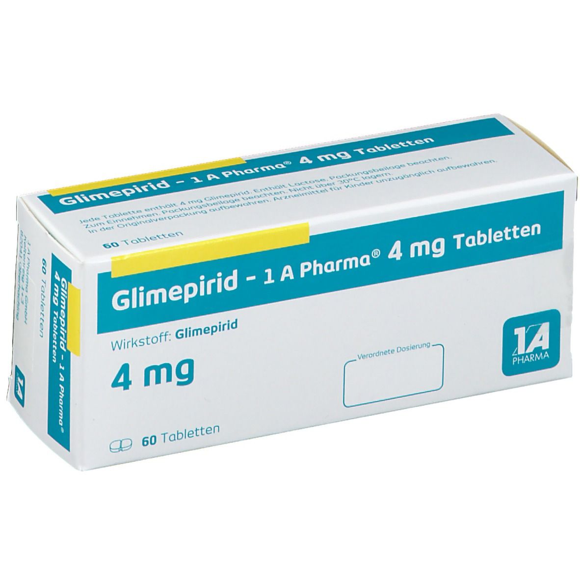 Schachtel mit Glimepirid - 1 A Pharma® 4 mg Tabletten. Aufschrift: 4 mg, 60 Tabletten. 1A Pharma Logo.