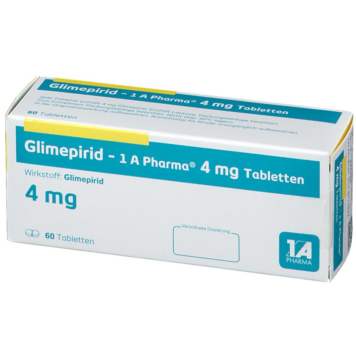 Schachtel mit Glimepirid - 1 A Pharma® 4 mg Tabletten. Aufschrift: 4 mg, 60 Tabletten. 1A Pharma Logo.