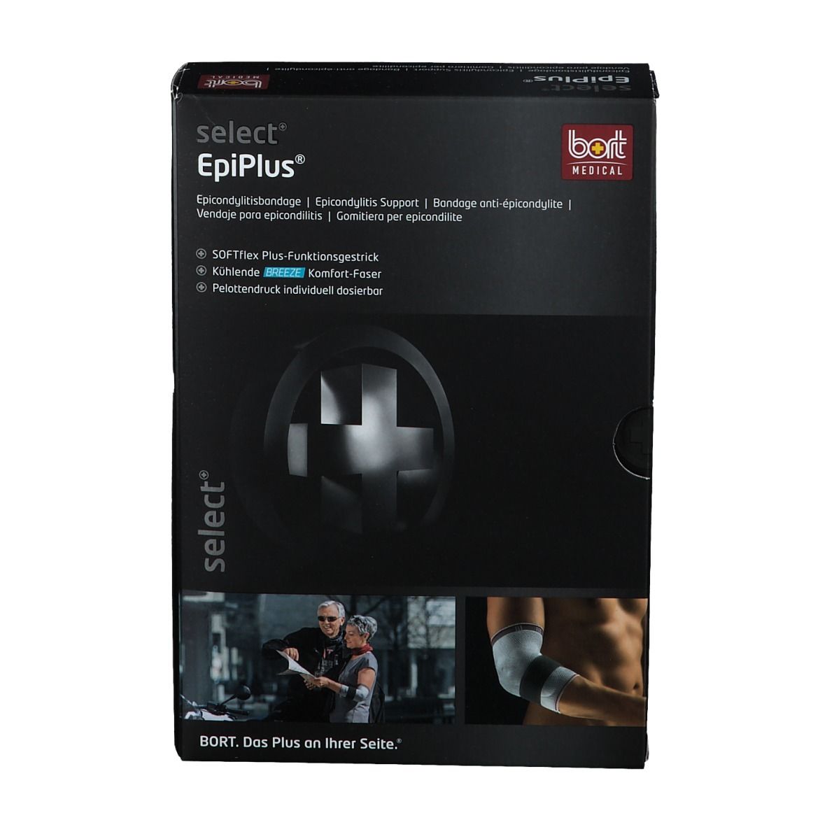 Schwarzer Karton mit Produktinformationen. Aufschrift: select EpiPlus, BORT MEDICAL. Abbildung eines Armes mit Bandage.