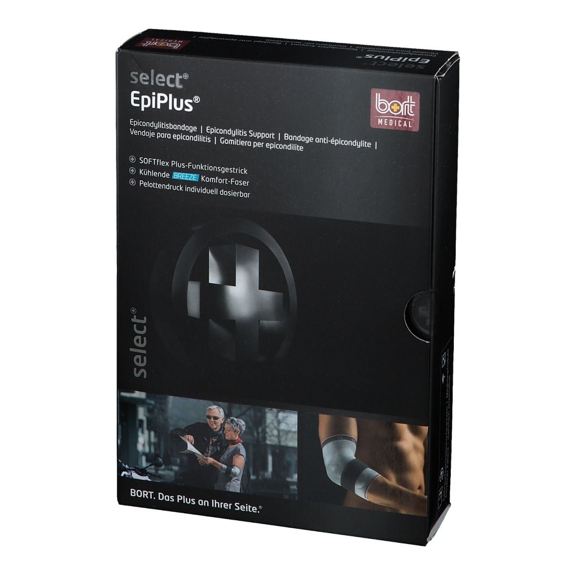 Schwarzer Karton mit Produktinformationen. Aufschrift: select EpiPlus, BORT MEDICAL. Abbildung eines Armes mit Bandage.