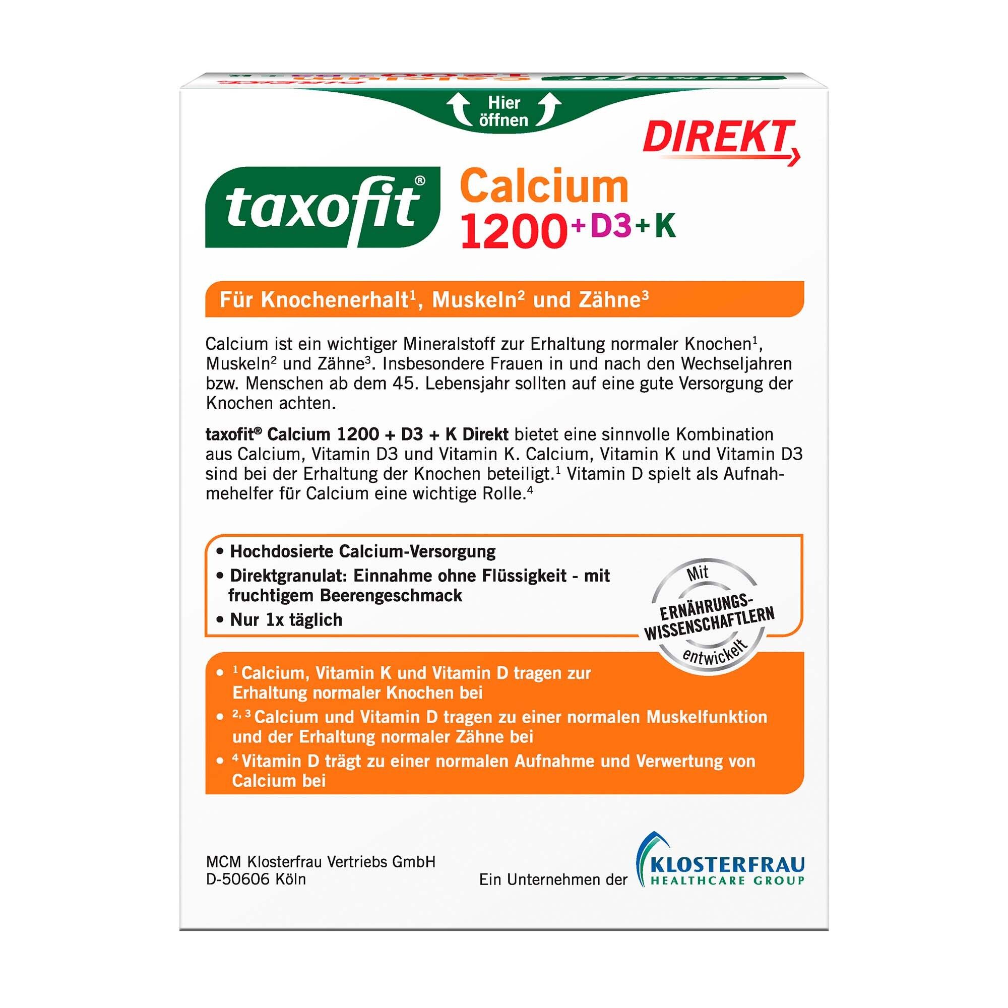Rückseite der taxofit® Calcium 1200+D3+K Direkt Packung mit Informationen zu Inhaltsstoffen und Anwendung.