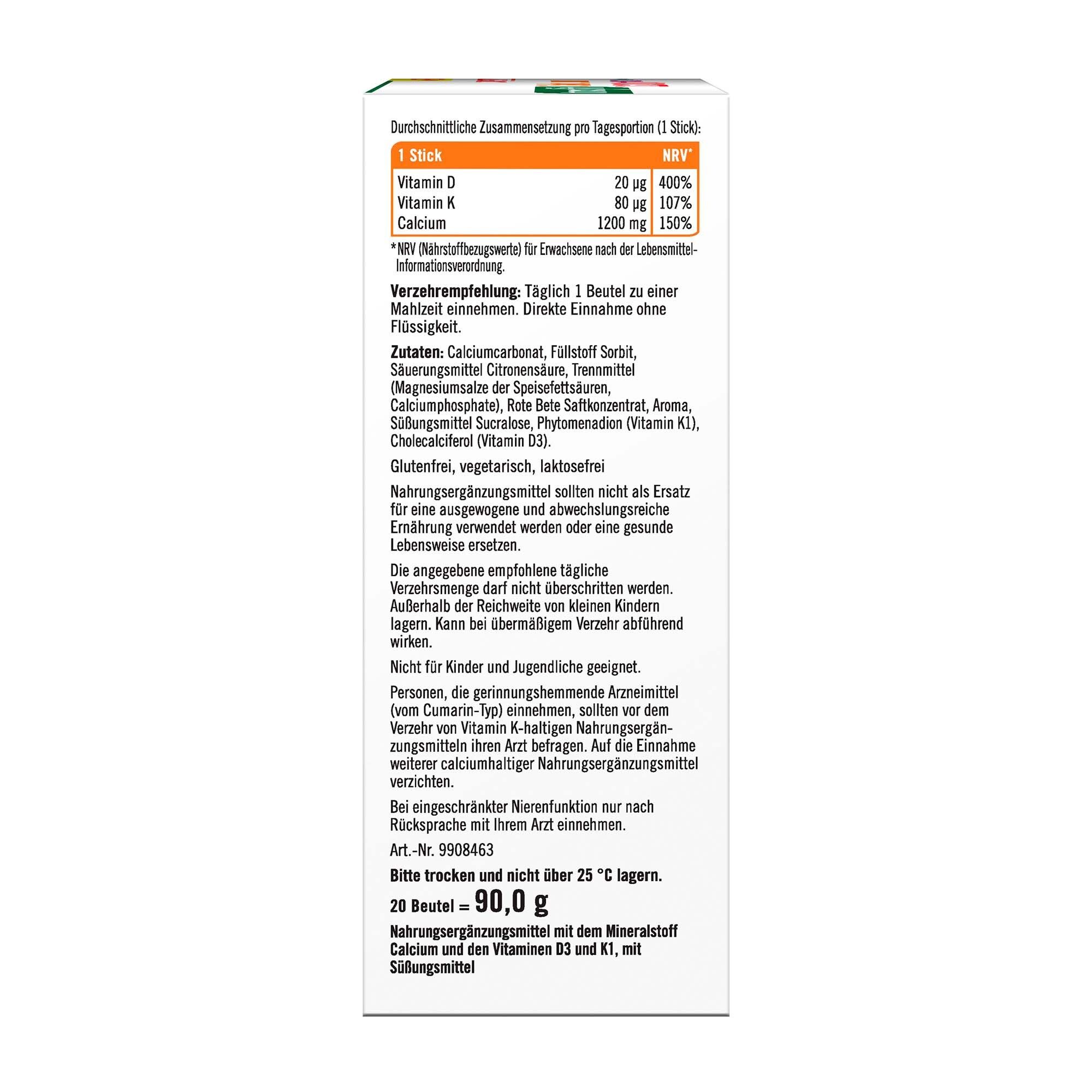 Seitenansicht der taxofit® Calcium 1200+D3+K Direkt Packung mit Nährwertangaben und Zutatenliste.