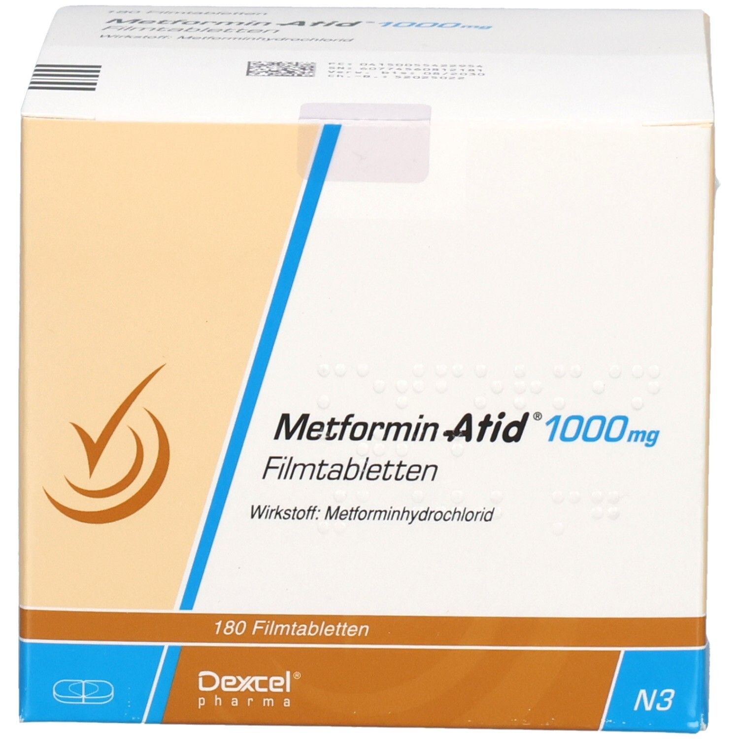Karton von Metformin-Atid 1000 mg Filmtabletten. Enthält 180 Tabletten. Marke Dexcel Pharma.
