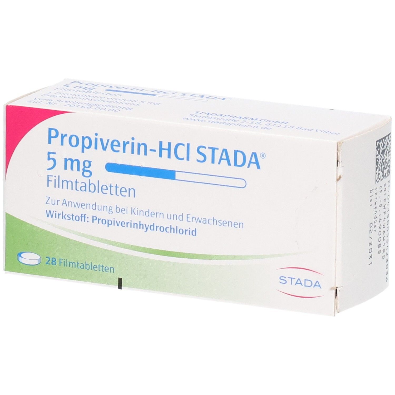 Packung Propoverin-HCl STADA 5 mg Filmtabletten, 28 Stück.