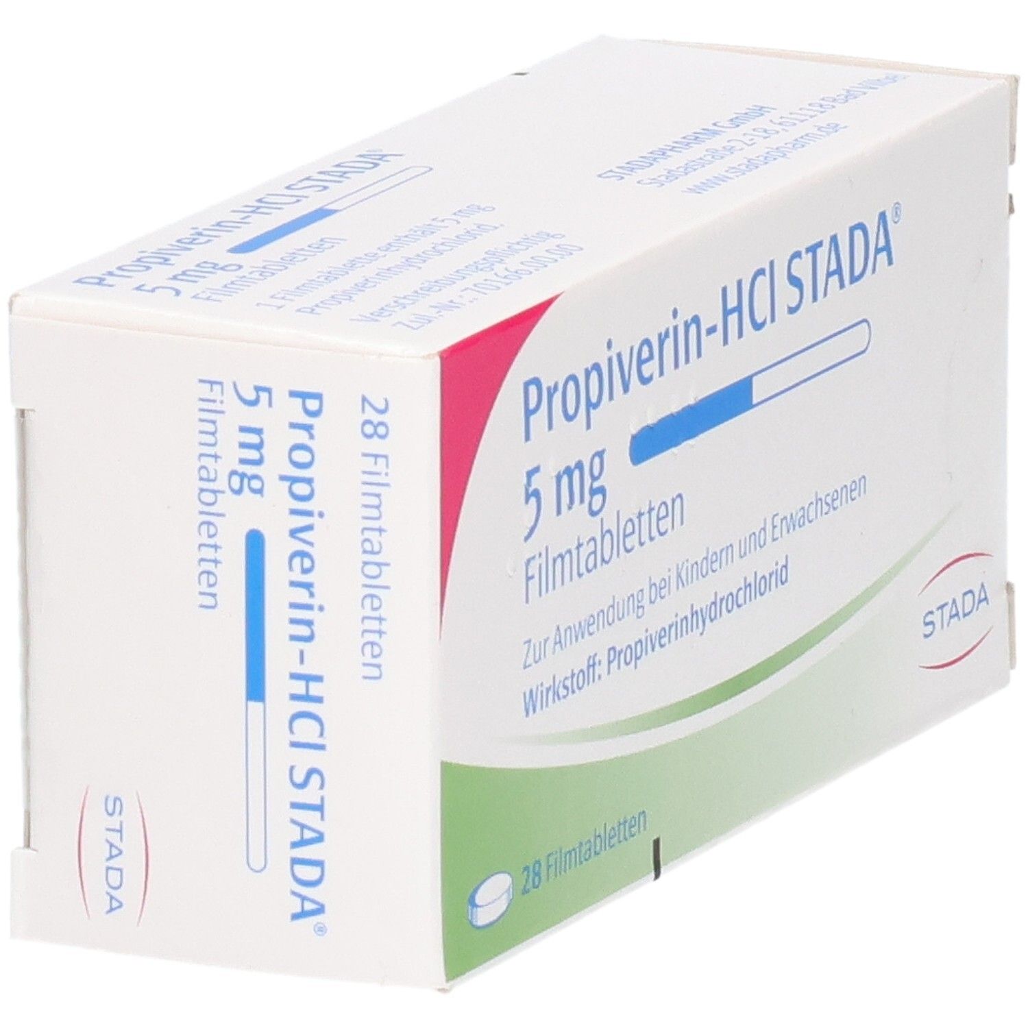 Packung Propoverin-HCl STADA 5 mg Filmtabletten, 28 Stück, Seitenansicht.