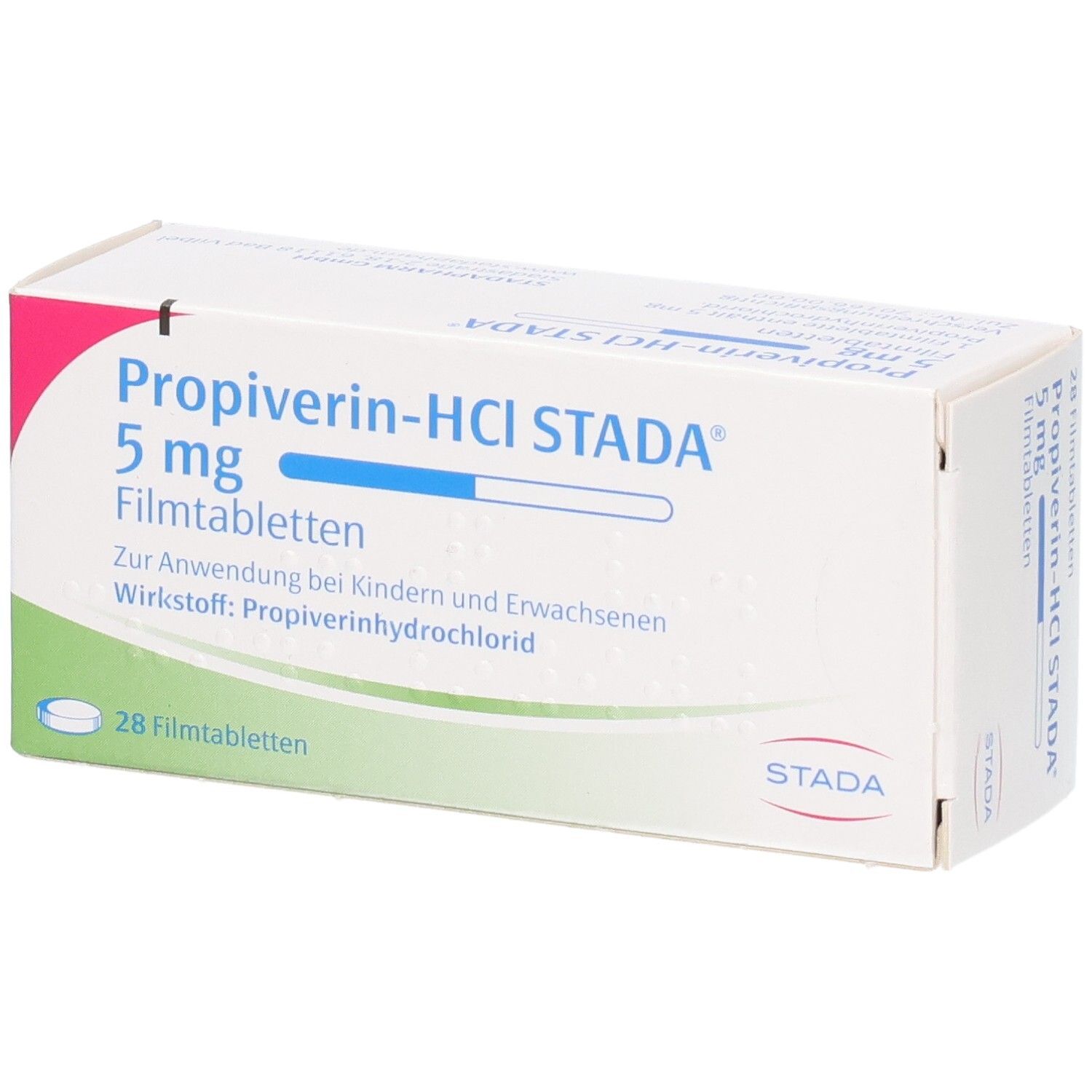 Packung Propoverin-HCl STADA 5 mg Filmtabletten, 28 Stück, schräg von vorne.