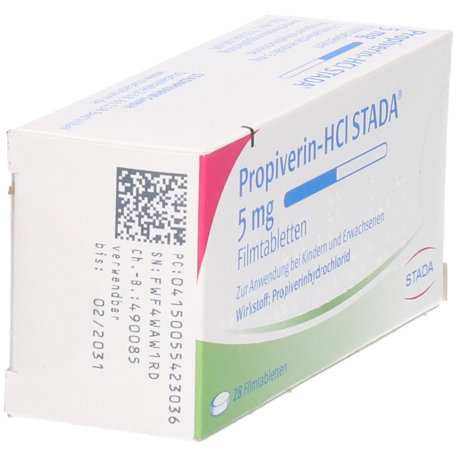 Rückseite der Packung Propoverin-HCl STADA 5 mg Filmtabletten mit Chargennummer und Verfallsdatum.