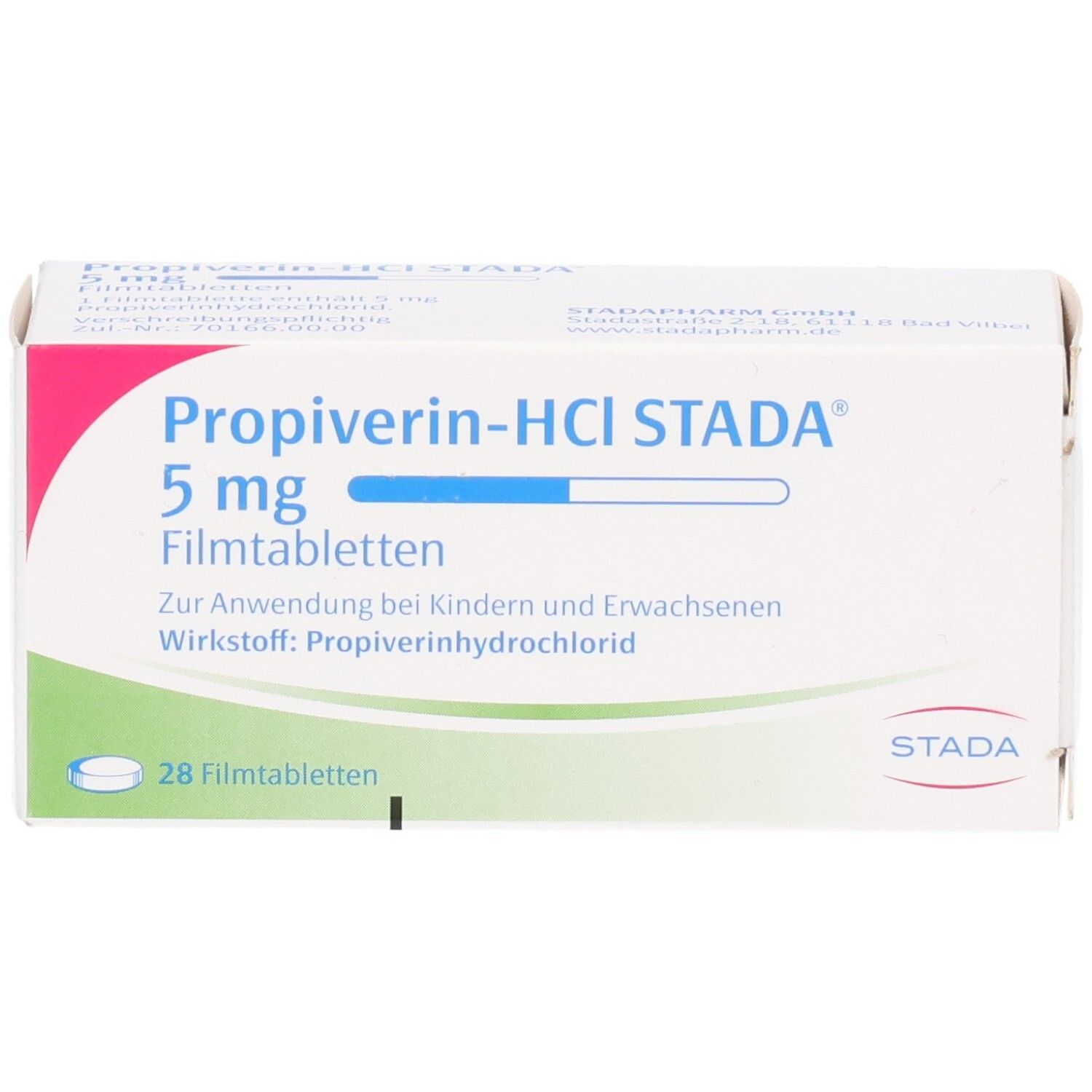 Packung Propoverin-HCl STADA 5 mg Filmtabletten, 28 Stück, Vorderseite.