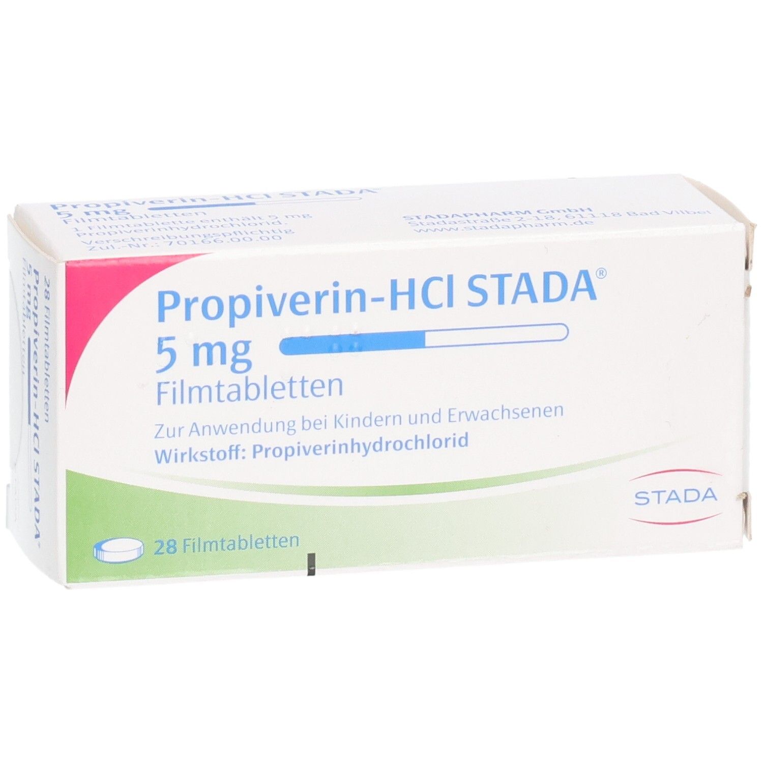 Packung Propoverin-HCl STADA 5 mg Filmtabletten, 28 Stück, leicht schräg von vorne.