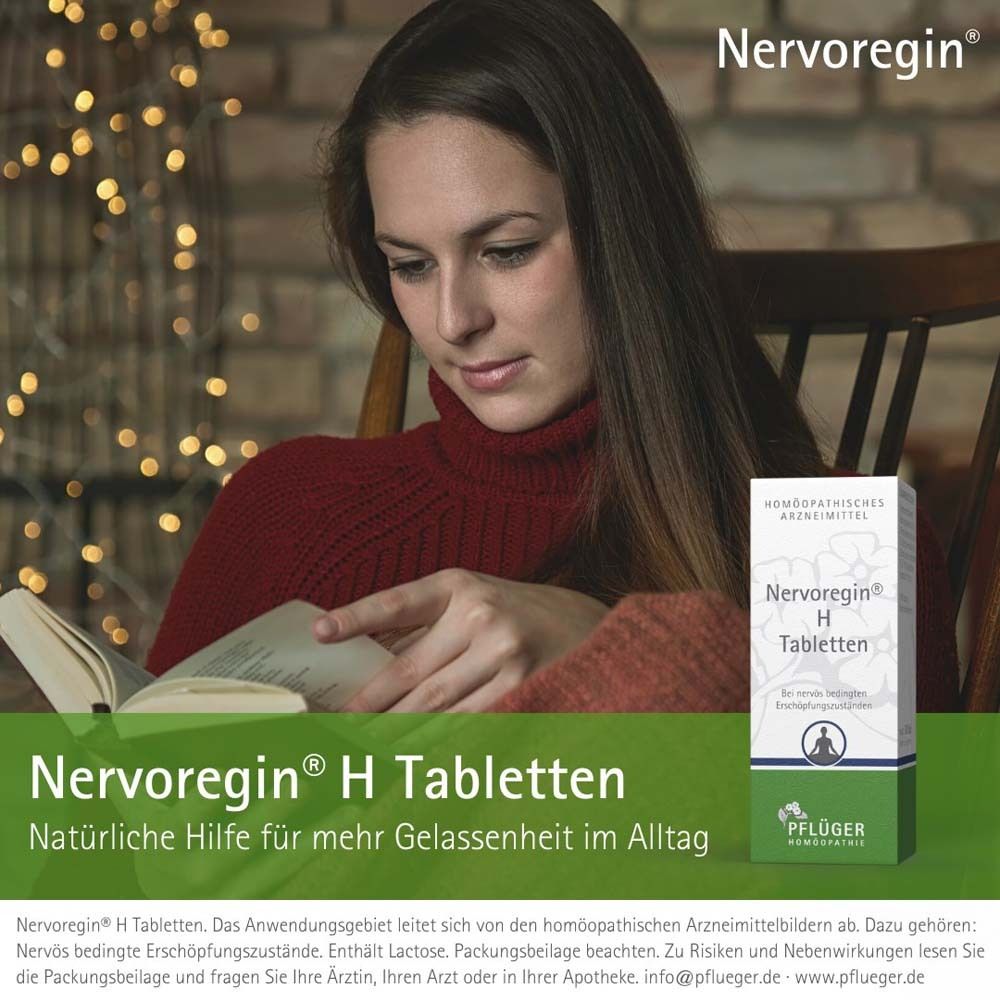 Frau liest Buch. Auf Tisch: Nervoregin® H Tabletten. Text: Natürliche Hilfe für mehr Gelassenheit im Alltag.