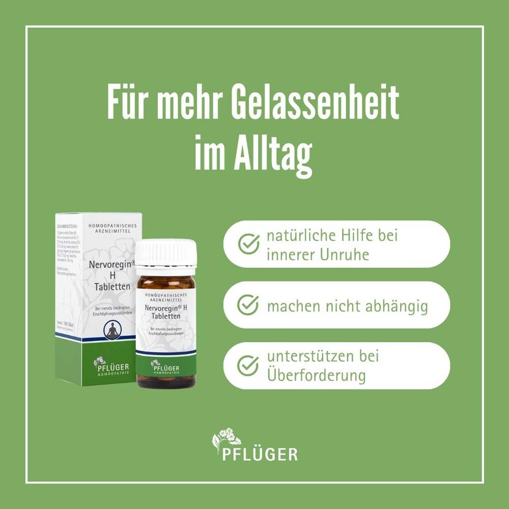 Grüner Hintergrund. Nervoregin® H Tabletten und Flasche. Text: Natürliche Hilfe bei innerer Unruhe, macht nicht abhängig.