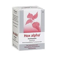 Weiß-graue Schachtel mit rotem Pflanzenmotiv und Schriftzug "Hox alpha".