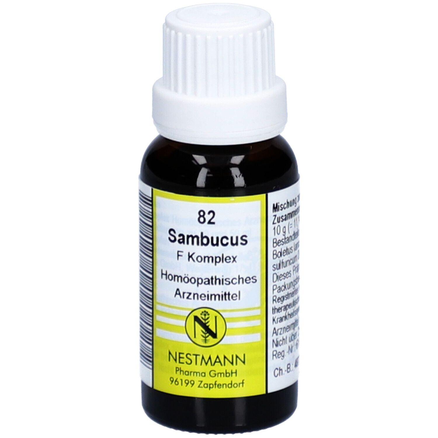 Braune Glasflasche mit weißem Deckel. Etikett mit Produktnamen, Hersteller und Logo. Homöopathisches Arzneimittel.