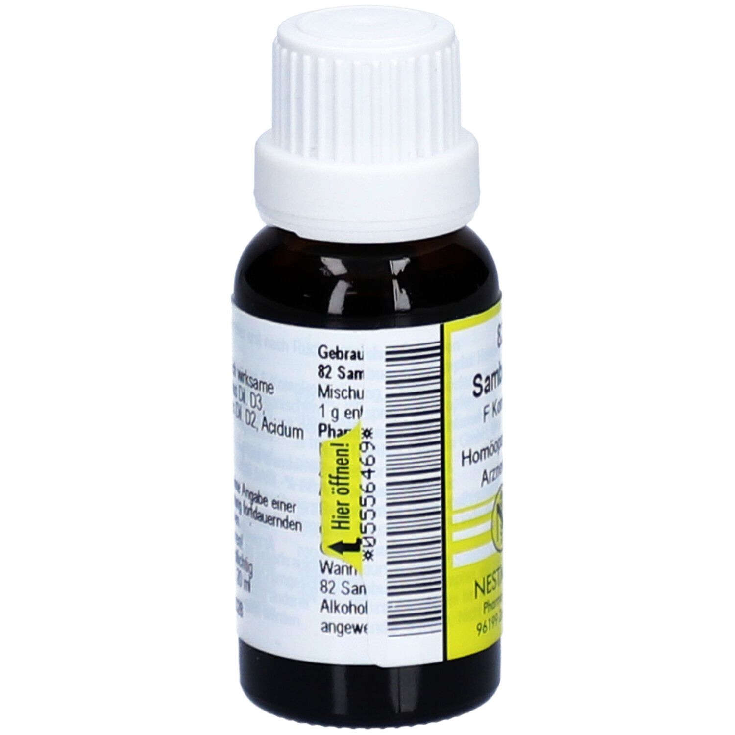 Braune Glasflasche mit weißem Deckel. Etikett mit Produktinformationen und Barcode. Homöopathisches Arzneimittel.