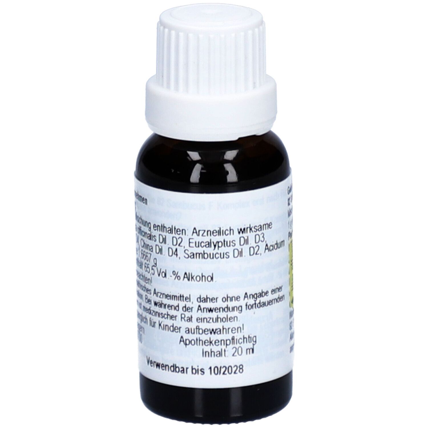 Braune Glasflasche mit weißem Deckel. Etikett mit Inhaltsstoffen und Alkoholgehalt. Homöopathisches Arzneimittel.