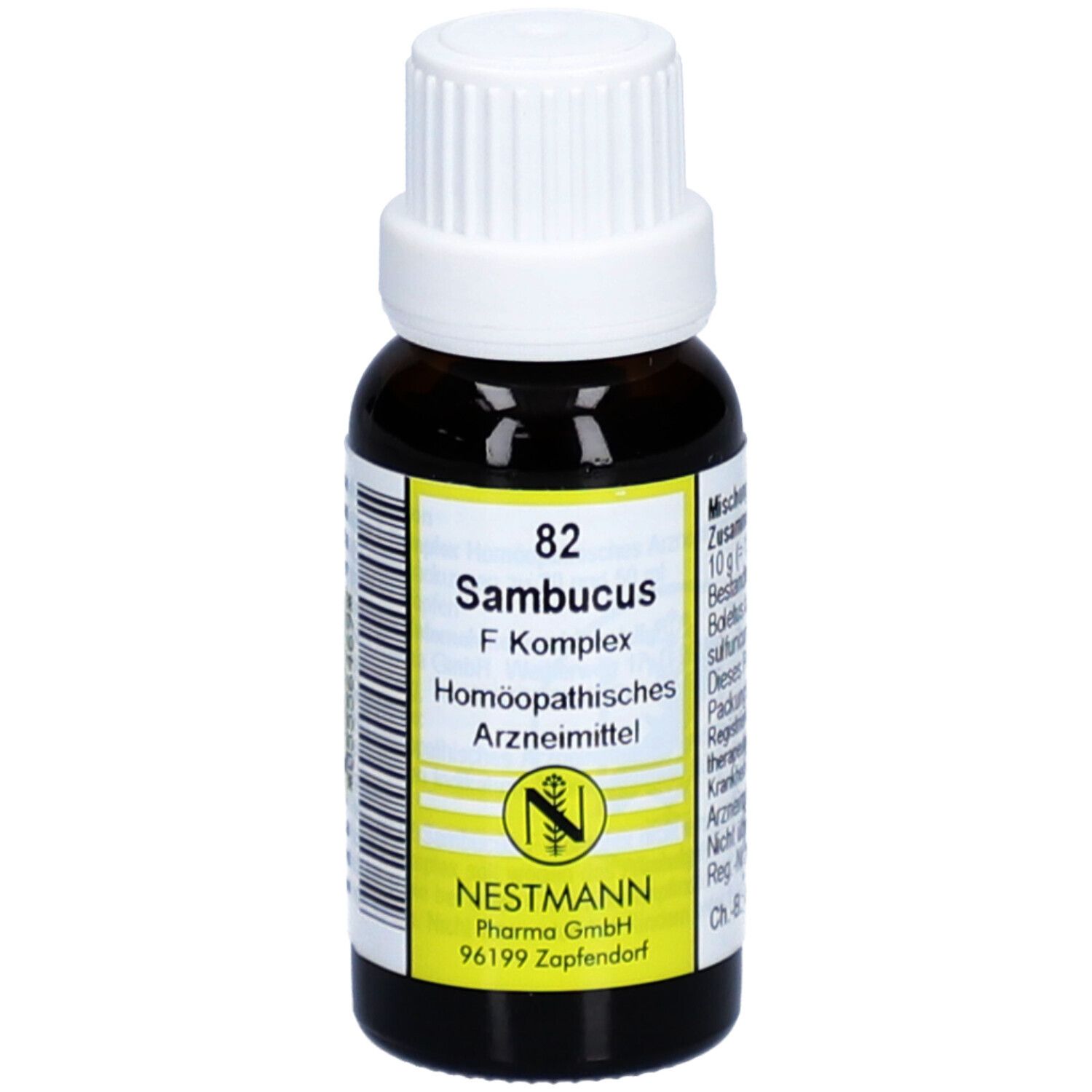 Braune Glasflasche mit weißem Deckel. Etikett mit Produktnamen, Hersteller und Logo. Homöopathisches Arzneimittel.