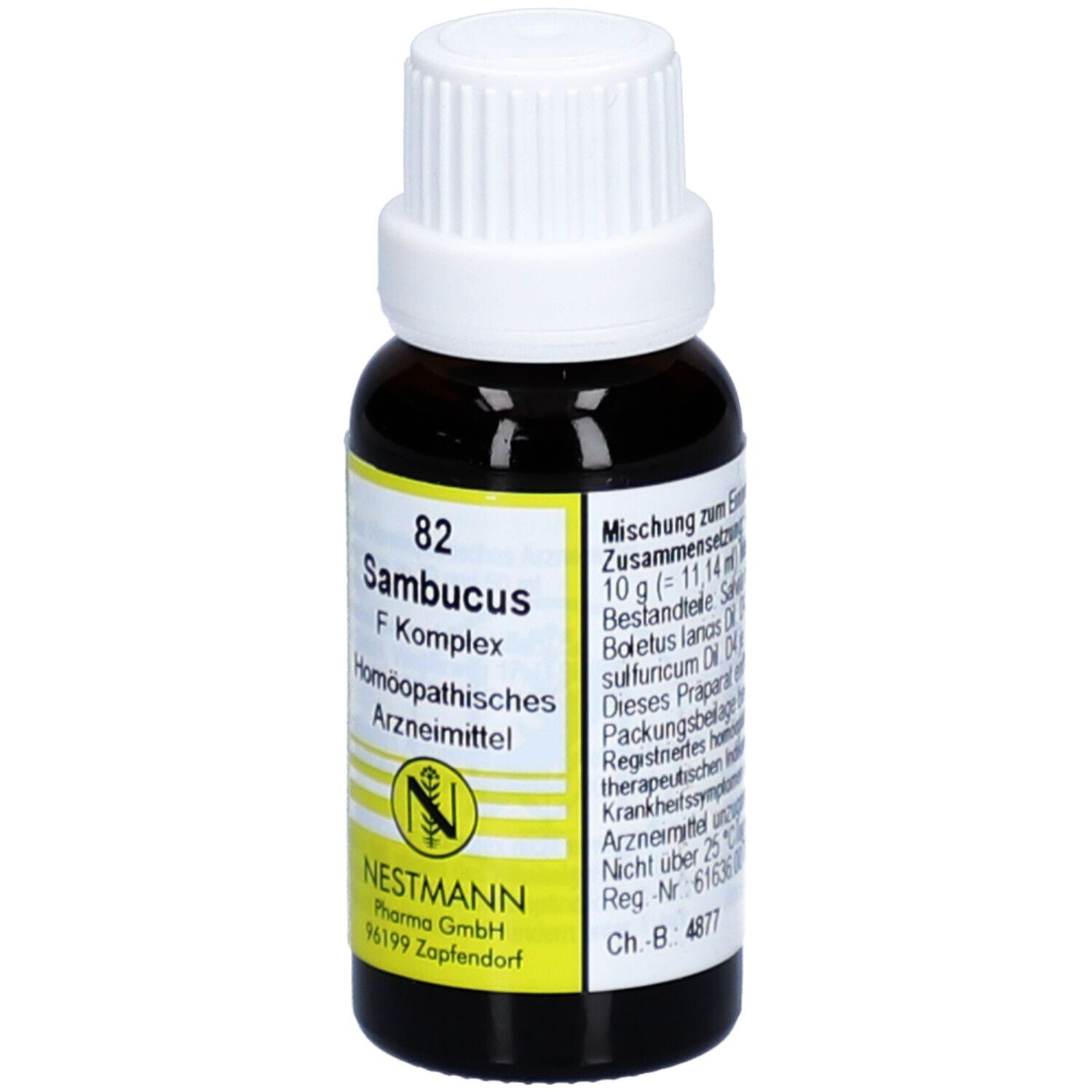 Braune Glasflasche mit weißem Deckel. Etikett mit Produktinformationen und Hersteller. Homöopathisches Arzneimittel.