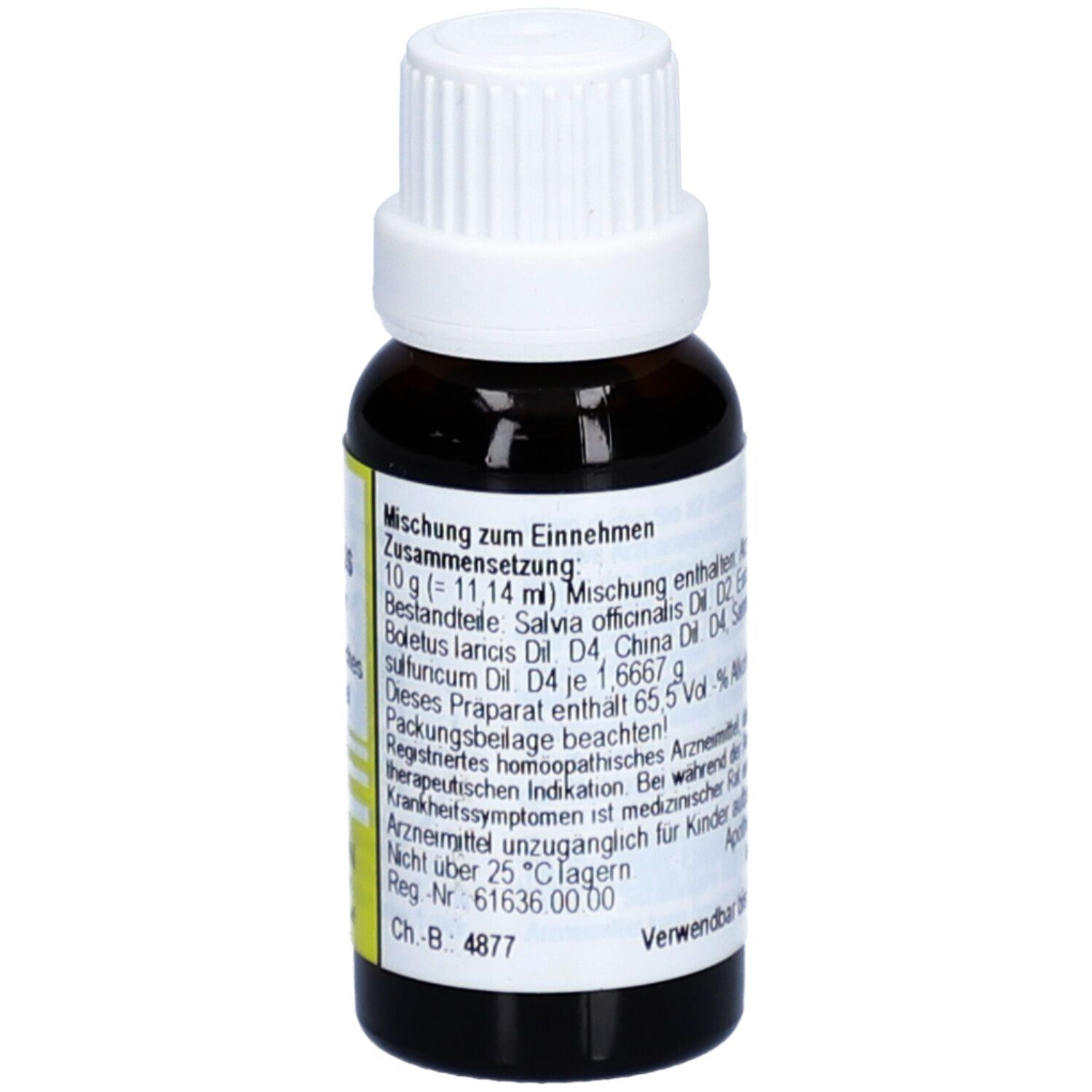 Braune Glasflasche mit weißem Deckel. Etikett mit Inhaltsstoffen und Dosierung. Homöopathisches Arzneimittel.