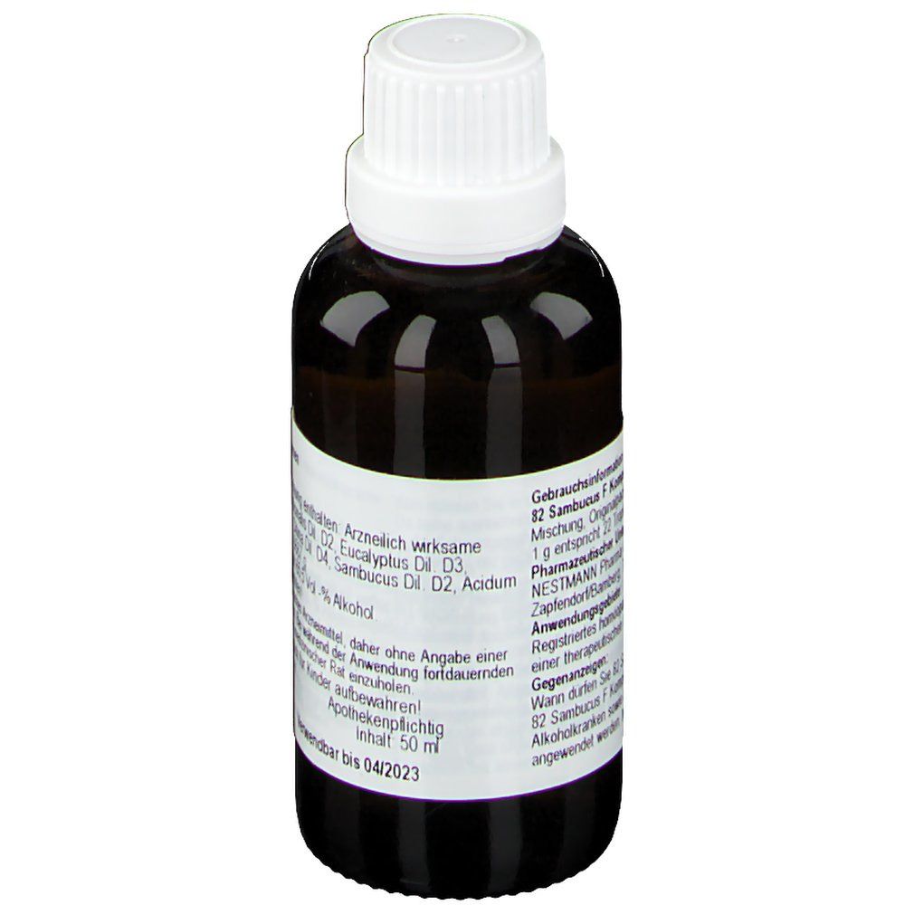 Braune Glasflasche mit weißem Deckel. Gelbes Etikett mit Text. Arzneilich wirksame Bestandteile. Inhalt 50 ml. Apothekenpflichtig. Haltbarkeit bis 04/2023.