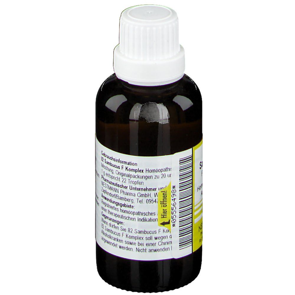 Braune Glasflasche mit weißem Deckel. Gelbes Etikett mit Text. Gebrauchsinformationen. Nestmann Pharma. Hier öffnen! Chargennummer.