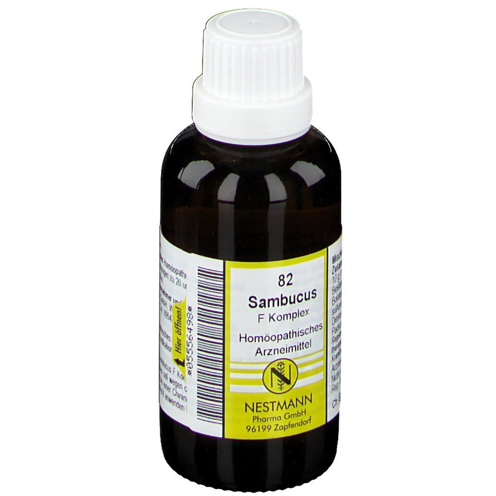 Braune Glasflasche mit weißem Deckel. Gelbes Etikett mit Text: 82 Sambucus F Komplex. Homöopathisches Arzneimittel. Nestmann Pharma GmbH.