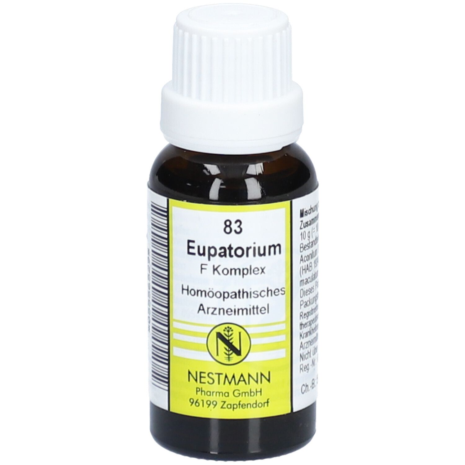 Braune Glasflasche mit weißem Schraubverschluss. Etikett mit Produktinformationen: Eupatorium F Komplex Nr.83, Nestmann Pharma.