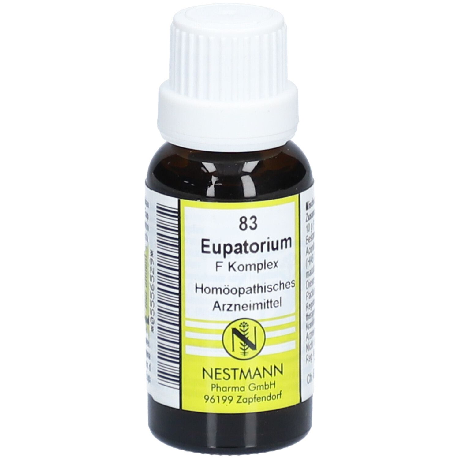 Braune Glasflasche mit weißem Schraubverschluss. Etikett mit Produktinformationen: Eupatorium F Komplex Nr.83, Nestmann Pharma.