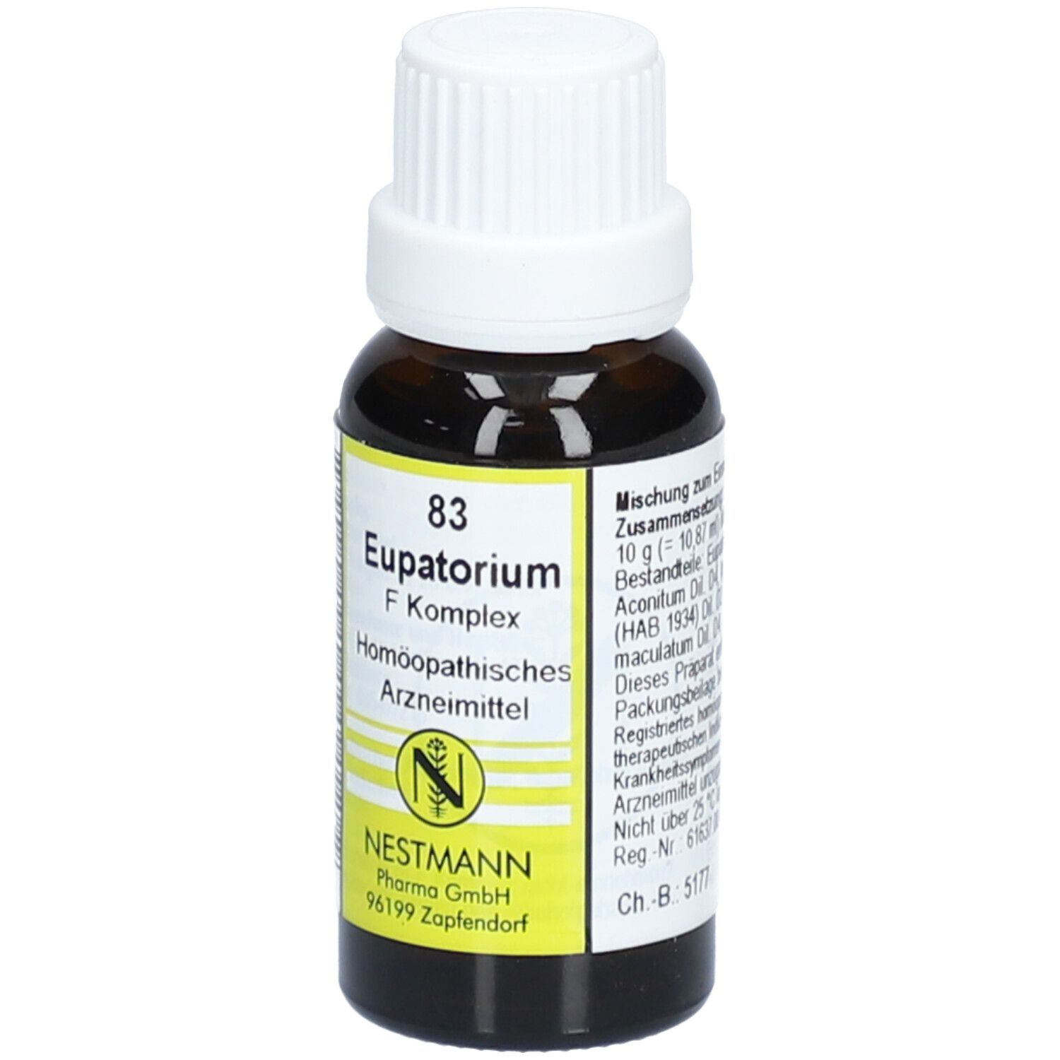 Braune Glasflasche mit weißem Schraubverschluss. Etikett mit Produktinformationen: Eupatorium F Komplex Nr.83, Nestmann Pharma.