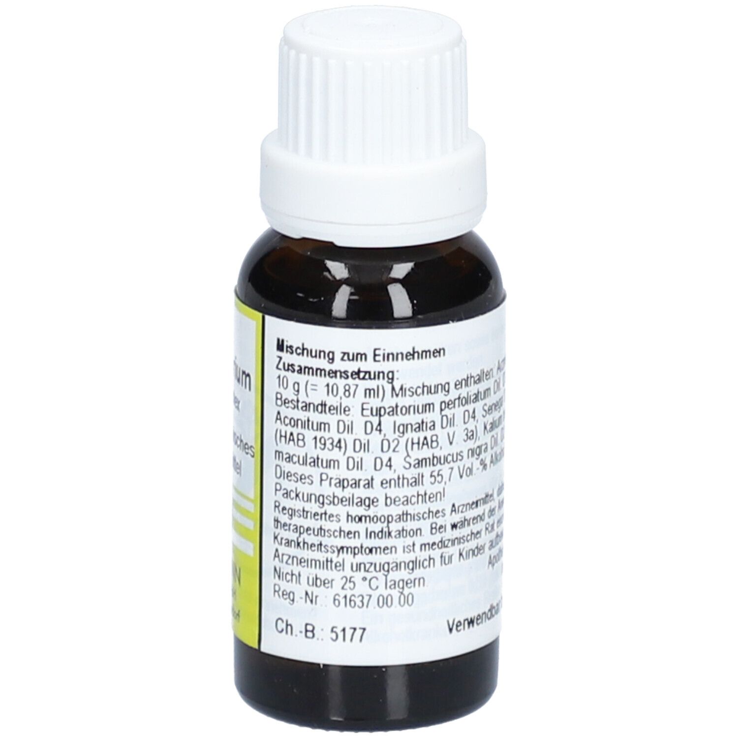 Braune Glasflasche mit weißem Schraubverschluss. Etikett mit Produktinformationen und Inhaltsstoffen. Enthält 55,7% Vol. Alkohol.