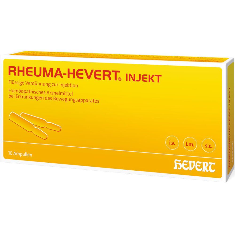 Schachtel mit RHEUMA-HEVERT. INJEKT Ampullen. Gelb und weiß. Text: Flüssige Verdünnung zur Injektion. 10 Ampullen. Hevert Logo.